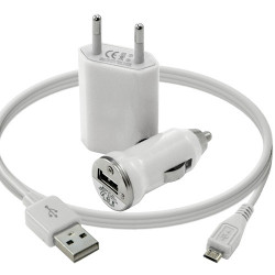 Chargeur maison + allume cigare USB + câble data Couleur Blanc