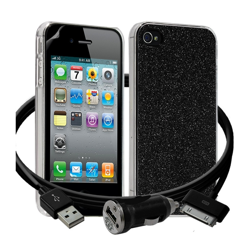 Housse Etui Coque Paillette noir pour Apple iPhone 4/4S + chargeur auto + film