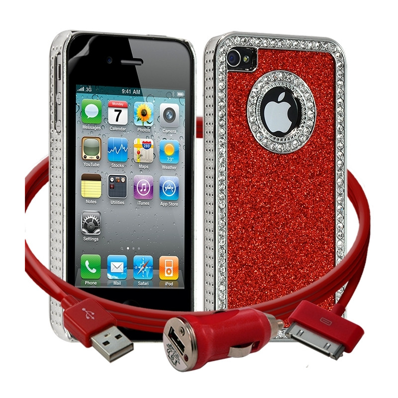 Housse Etui Coque Paillette et Diamants rouge pour Apple iPhone 4/4S + chargeur auto + film