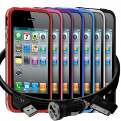 Housse Etui Coque Bumper  pour Apple iPhone 4/4S + chargeur auto + film 
