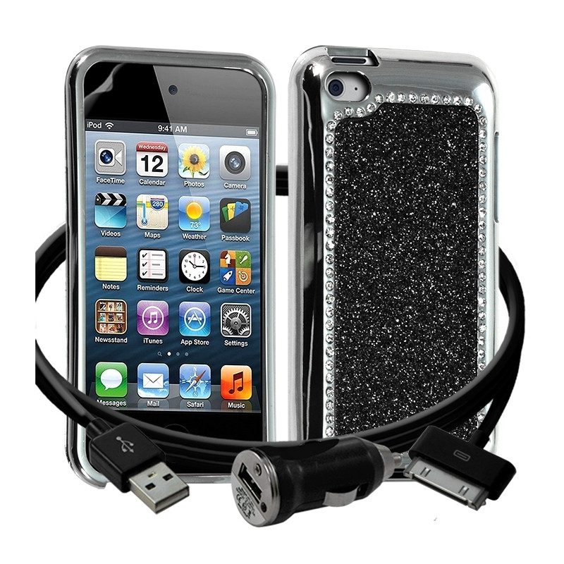 Housse Etui Coque Paillette et Diamants noir pour Apple iPod Touch 4G + chargeur auto + film