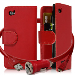 Housse Coque Etui Portefeuille pour Sony Xperia M Couleur Rouge + Chargeur Auto
