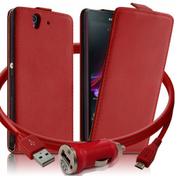 Housse Coque Etui pour Sony Xperia Z Couleur Rouge + Chargeur Auto