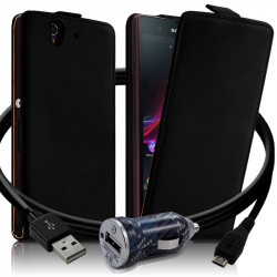Housse Coque Etui pour Sony Xperia Z Couleur Noir + Chargeur Auto