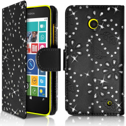 Etui Portefeuille mode Support Style Diamant Noir pour Nokia Lumia 630