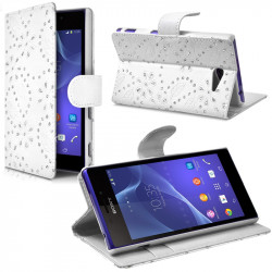 Etui Portefeuille mode Support Style Diamant Blanc pour Sony Xperia M2 Dual