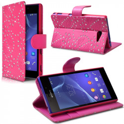 Etui Portefeuille mode Support Style Diamant Rose pour Sony Xperia M2 Dual