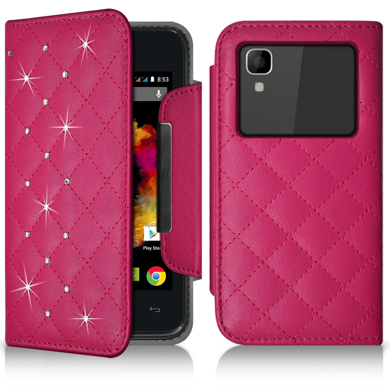 Etui Portefeuille Style Diamant Universel S couleur rose fushia pour Wiko Sunset