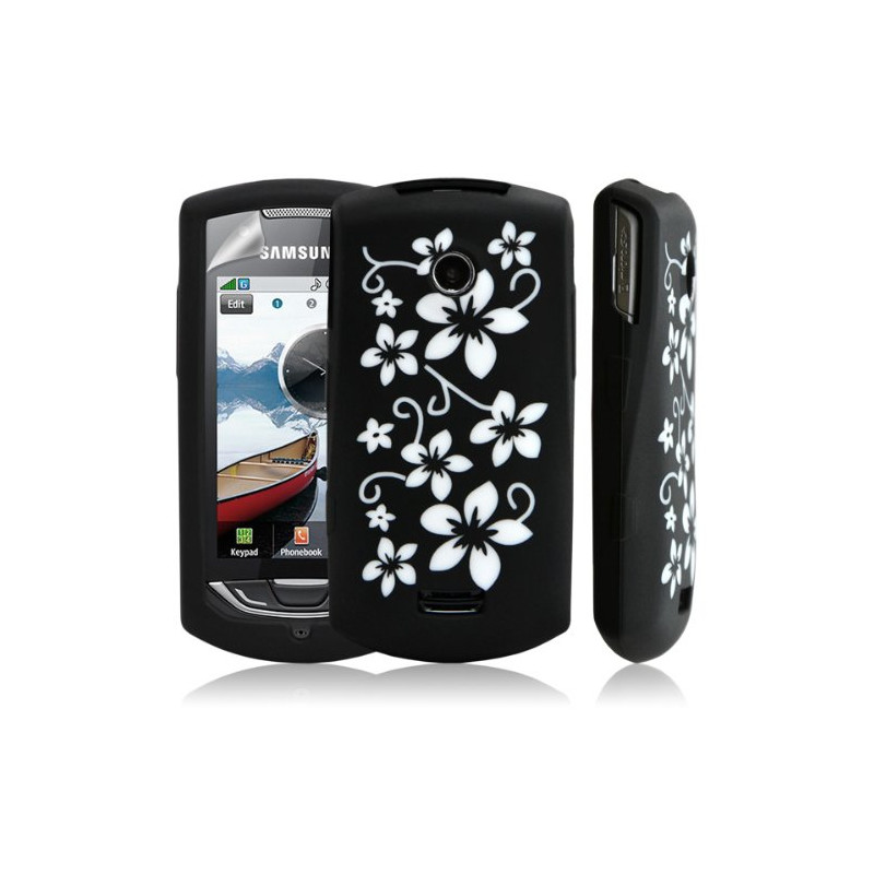 Silicone pour samsung S5620 Player Star 2 motif fleurs couleur noir + film protection ecran