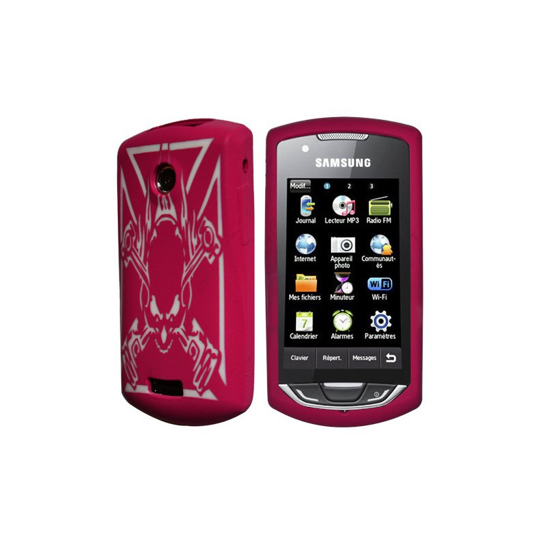 Housse étui coque en silicone rose fuchsia motif tête de mort pour Samsung S5620 Player Star 2 + film protecteur d'écran