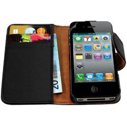 Housse coque étui portefeuille pour Apple iPhone 4 / 4S motif fleur couleur noir + Stylet luxe