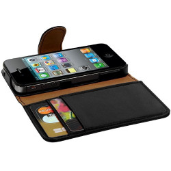 Housse coque étui portefeuille pour Apple iPhone 4 / 4S motif fleur couleur noir + Stylet luxe