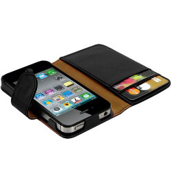 Housse coque étui portefeuille pour Apple iPhone 4 / 4S motif fleur couleur noir + Stylet luxe