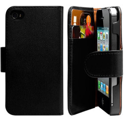 Housse coque étui portefeuille pour Apple iPhone 4 / 4S motif fleur couleur noir + Stylet luxe