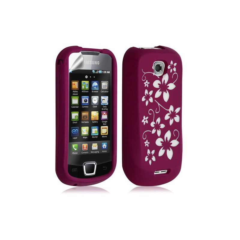 Housse étui coque silicone pour Samsung Galaxy Teos i5800 motif fleurs couleur rose fuschia + film