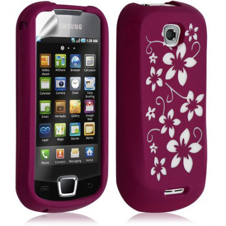 Housse étui coque silicone pour Samsung Galaxy Teos i5800 motif fleurs couleur rose fuschia + film