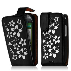 Housse coque étui pour Samsung Galaxy Teos i5800 motif fleurs couleur noir + film