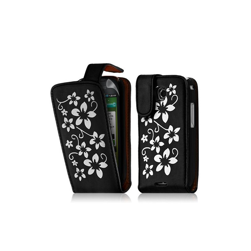 Housse coque étui pour Samsung Galaxy Teos i5800 motif fleurs couleur noir + film