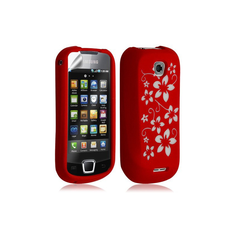 Housse étui coque silicone pour Samsung Galaxy Teos i5800 motif fleurs couleur rouge + film