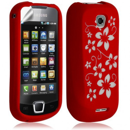 Housse étui coque silicone pour Samsung Galaxy Teos i5800 motif fleurs couleur rouge + film