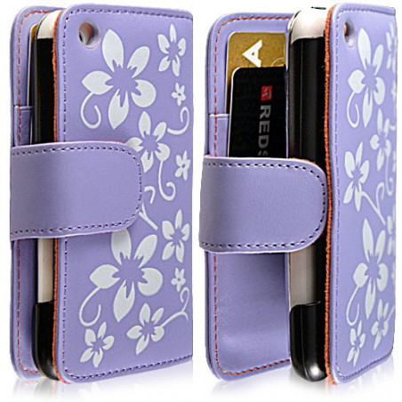 Housse coque étui portefeuille pour Apple Iphone 3G / 3GS motif fleur couleur violet + film écran