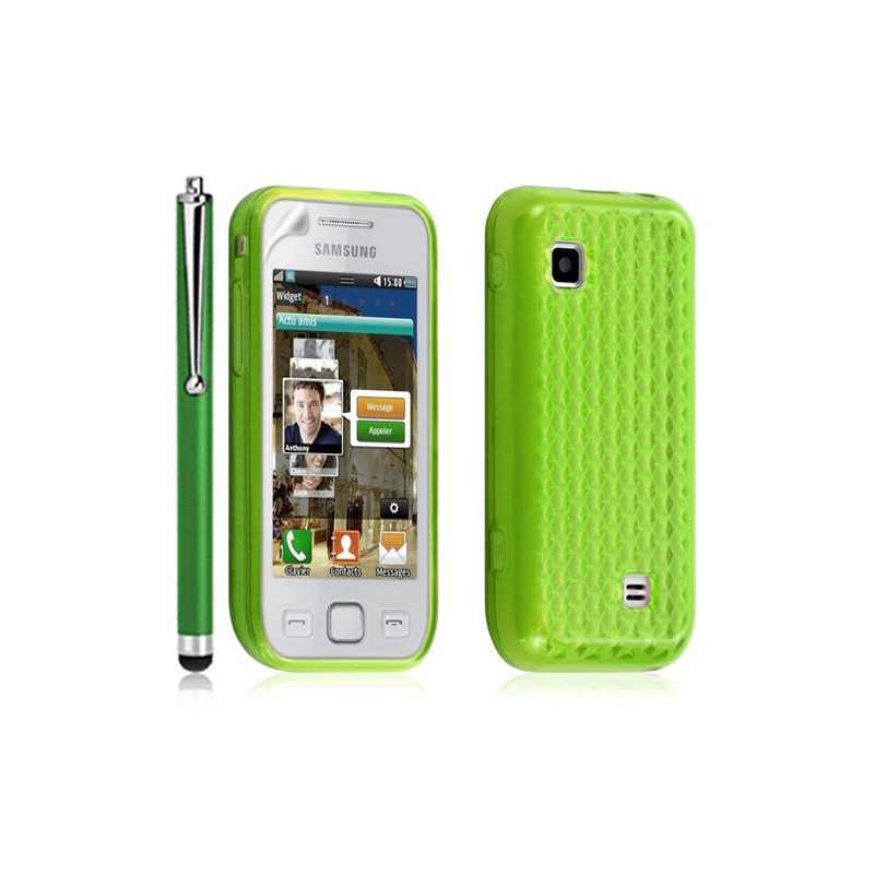 Housse coque gel damier transparent Samsung Wave 575 S5750 couleur vert + stylet