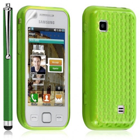 Housse coque gel damier transparent Samsung Wave 575 S5750 couleur vert + stylet