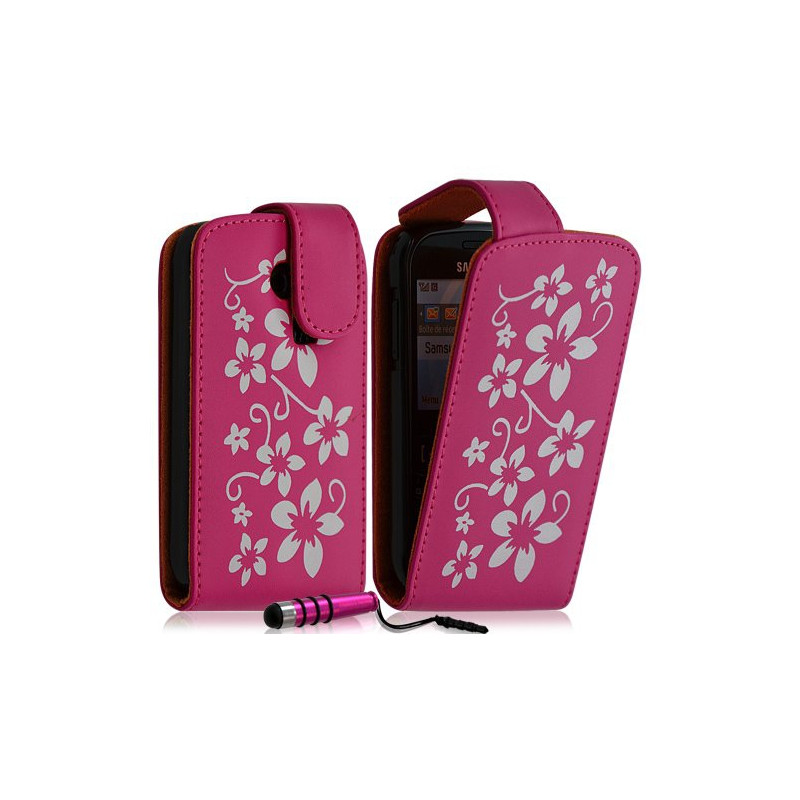 Housse coque etui pour Samsung Chat 335 S3350 motif fleurs couleur rose fuschia + Mini Stylet + film ecran