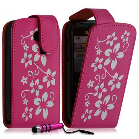 Housse coque etui pour Samsung Chat 335 S3350 motif fleurs couleur rose fuschia + Mini Stylet + film ecran