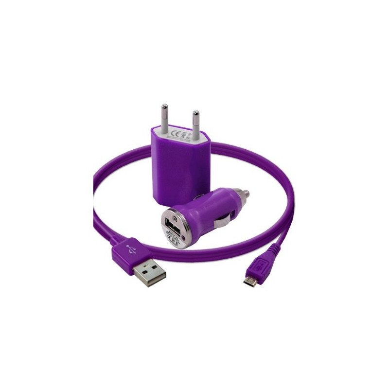 Chargeur maison + allume cigare USB + câble data pour Wiko Cink Peax Couleur Violet