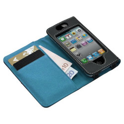 Housse etui portefeuille pour Apple Iphone 4 / 4S couleur bleu + Film protecteur