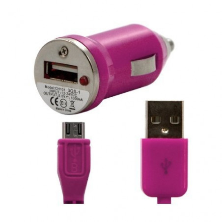 Chargeur auto allume cigare rose fushia pour Wiko : Sunset, Sunset 2, Lenny, Lenny 2, Rainbow 4G, Rainbow Up 4G, Rainbow Lite 4G