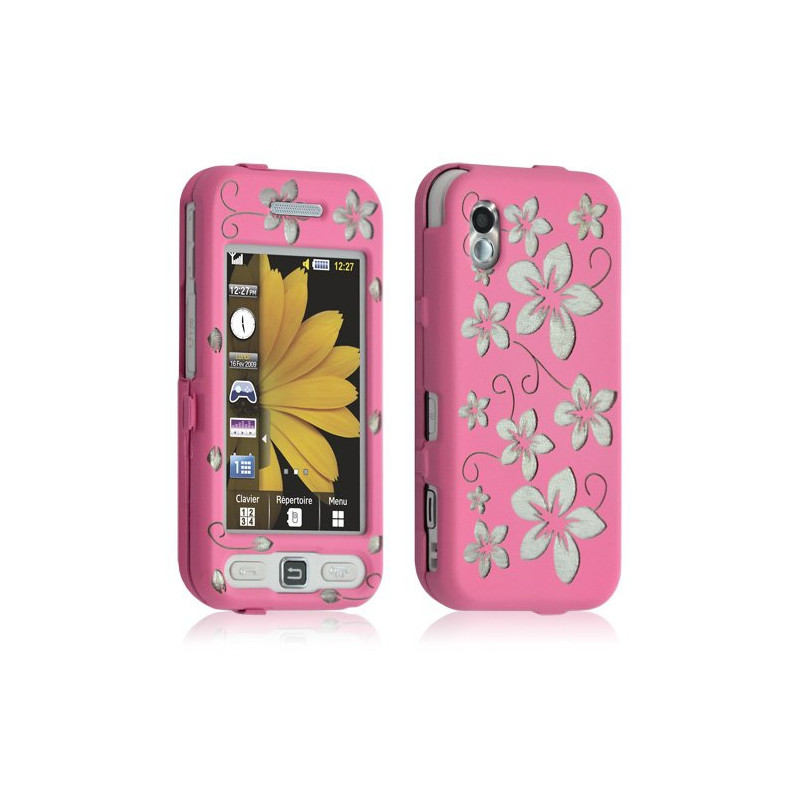 Housse coque rigide complète pour Samsung player one S5230 couleur rose avec motif fleur + film ecran