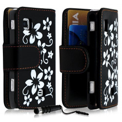 Housse coque étui portefeuille pour Samsung Wave 575 S5750 motif fleur couleur noir + mini stylet