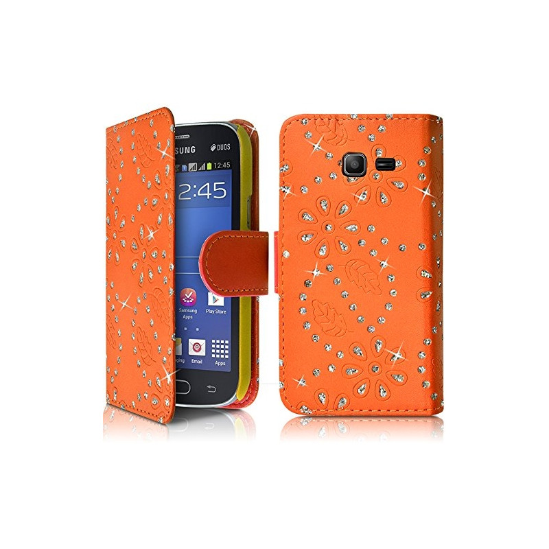 Etui Portefeuille mode Support Style Diamant Orange pour Samsung Galaxy Trend Lite S7390 
