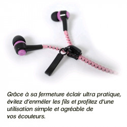 Ecouteurs Kit Mains Libres Zip couleur rose Pour Smartphone, Tablette