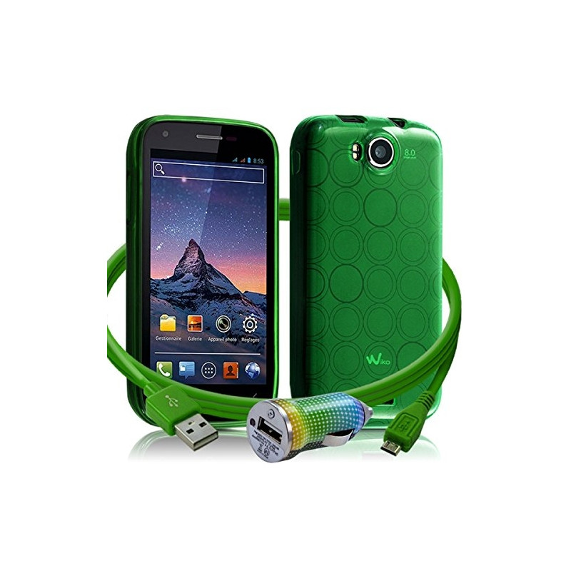 Housse Coque Semi Rigide Couleur Vert Translucide pour Wiko Cink Peax + Chargeur Auto