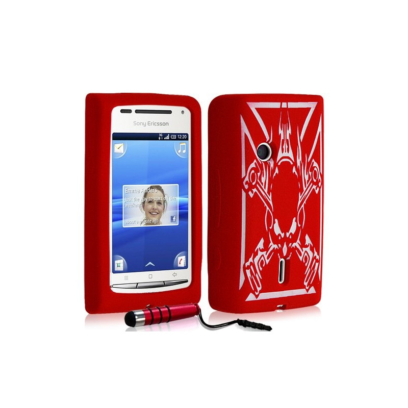 Housse étui coque en silicone pour Sony Ericsson Xperia X8 motif tête de mort couleur rouge + stylet