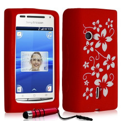 Housse étui coque en silicone pour Sony Ericsson Xperia X8 motif fleurs couleur rouge + stylet
