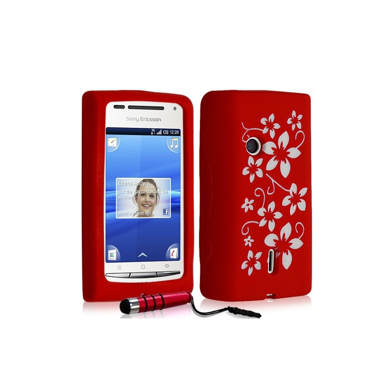 Housse étui coque en silicone pour Sony Ericsson Xperia X8 motif fleurs couleur rouge + stylet
