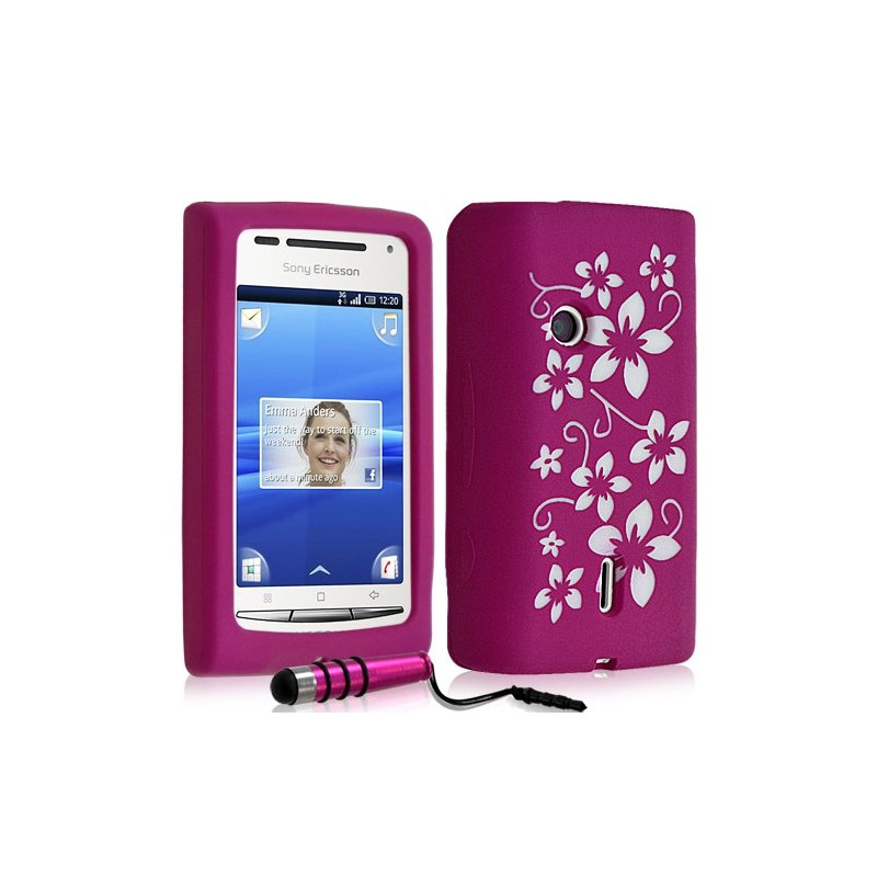 Housse étui coque en silicone pour Sony Ericsson Xperia X8 motif fleurs couleur rose fuschia + stylet
