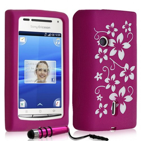 Housse étui coque en silicone pour Sony Ericsson Xperia X8 motif fleurs couleur rose fuschia + stylet