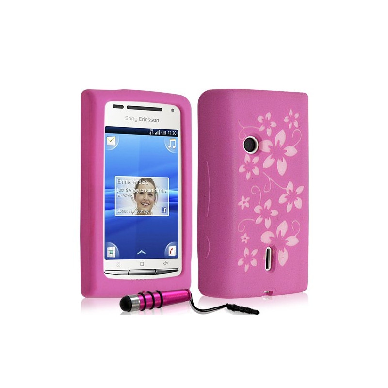Housse étui coque en silicone pour Sony Ericsson Xperia X8 motif fleurs couleur rose + stylet