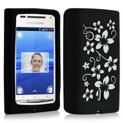 Housse étui coque en silicone pour Sony Ericsson Xperia X8 motif fleurs couleur noir
