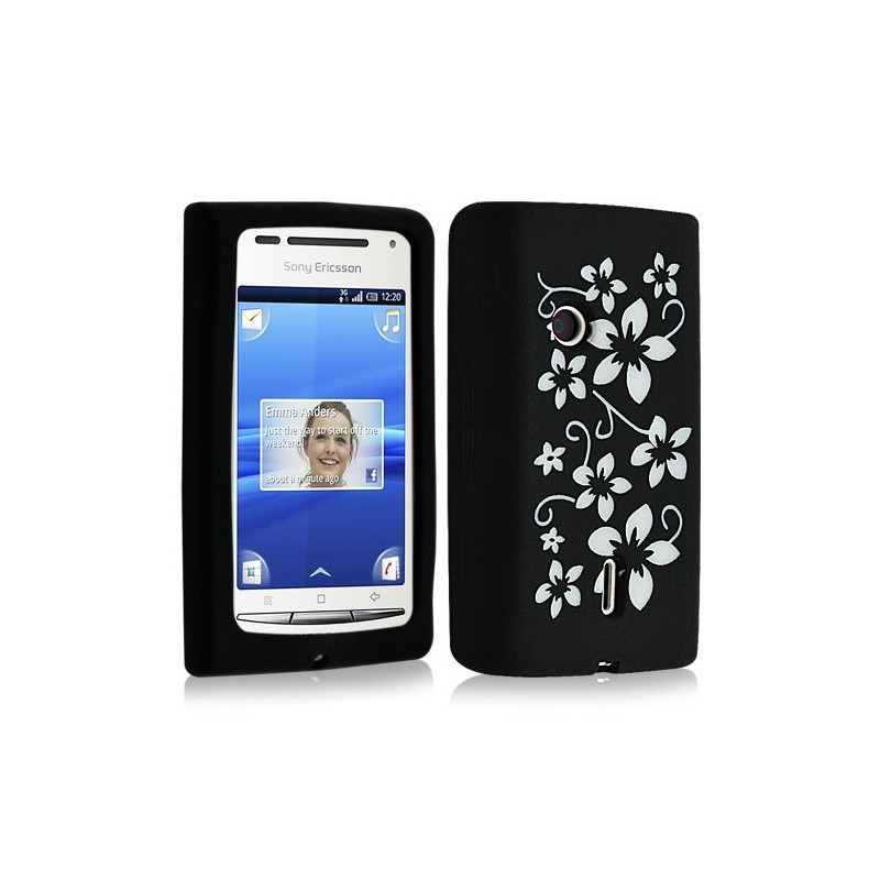 Housse étui coque en silicone pour Sony Ericsson Xperia X8 motif fleurs couleur noir