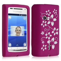 Housse étui coque en silicone pour Sony Ericsson Xperia X8 motif fleurs couleur rose fuschia