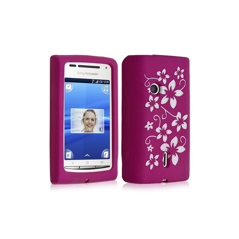 Housse étui coque en silicone pour Sony Ericsson Xperia X8 motif fleurs couleur rose fuschia