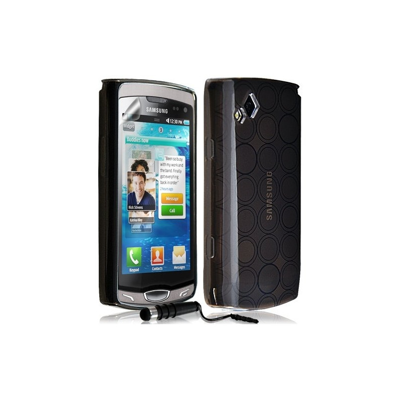 Housse coque etui gel rond transparent pour Samsung Wave 2 S8530 couleur noir + Stylet + Film protection
