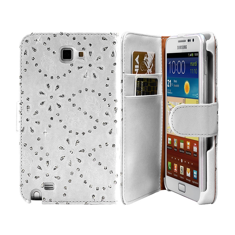 Housse Coque Etui Portefeuille pour Samsung Galaxy Note Style Diamant Couleur Blanc 