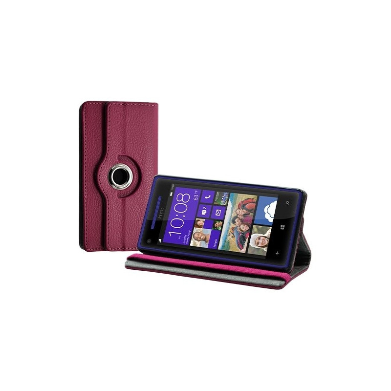 Housse coque étui pour HTC 8X de luxe avec sytème de rotation à 360 degrès couleur rose fushia